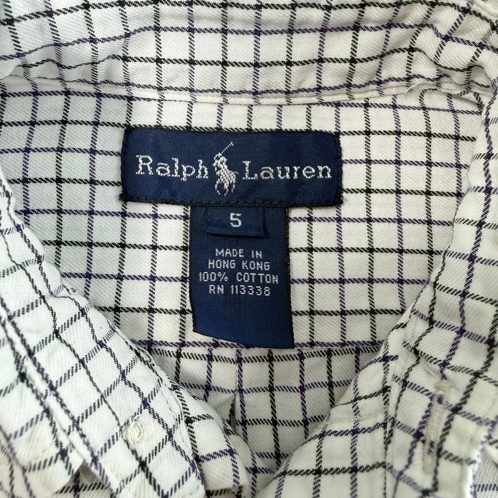 Ralph Lauren Button Down Shirt Boys 5 White Navy Check Long Sleeve